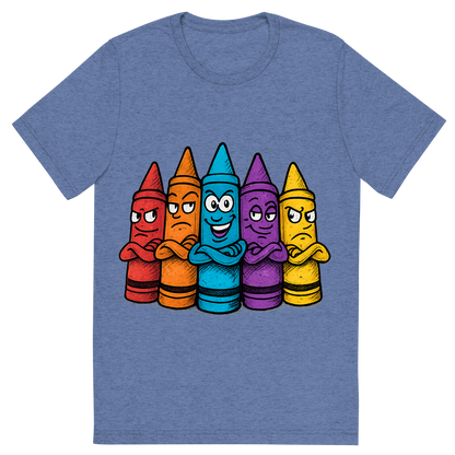Front view of a Premium Tri-Blend Crew Neck T-Shirt in Blue showing 'A hand-drawn ink with pop color, cheeky graphic of a lineup of cartoon crayons with expressive faces and personalities, arms crossed like a gang, with the words “crayon crew” above in bright block lettering. transparent background, centered, dtg optimized, hand-drawn with vibrant colors.'