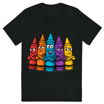 Front view of a Premium Tri-Blend Crew Neck T-Shirt in Charcoal-Black showing 'A hand-drawn ink with pop color, cheeky graphic of a lineup of cartoon crayons with expressive faces and personalities, arms crossed like a gang, with the words “crayon crew” above in bright block lettering. transparent background, centered, dtg optimized, hand-drawn with vibrant colors.'