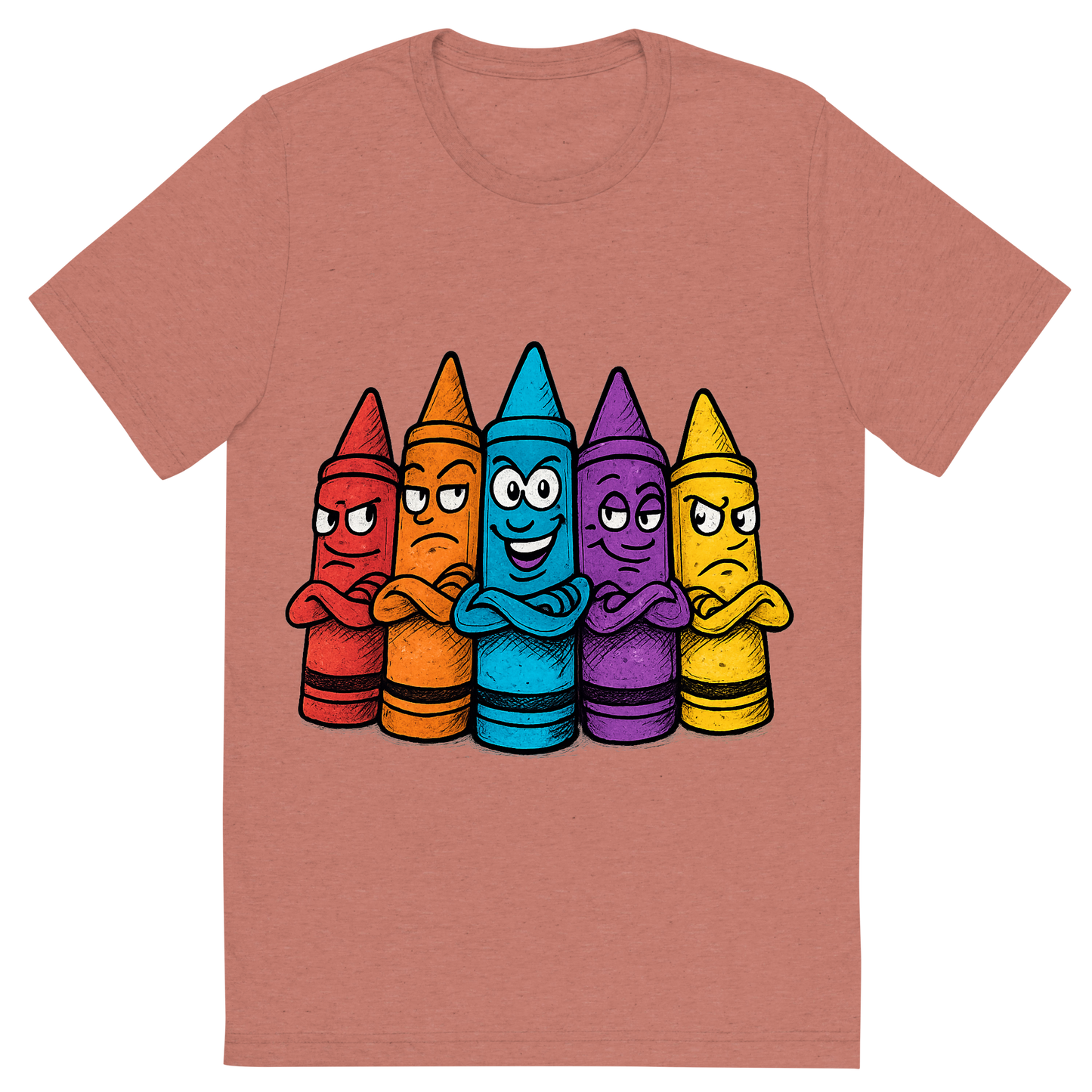 Front view of a Premium Tri-Blend Crew Neck T-Shirt in Mauve showing 'A hand-drawn ink with pop color, cheeky graphic of a lineup of cartoon crayons with expressive faces and personalities, arms crossed like a gang, with the words “crayon crew” above in bright block lettering. transparent background, centered, dtg optimized, hand-drawn with vibrant colors.'