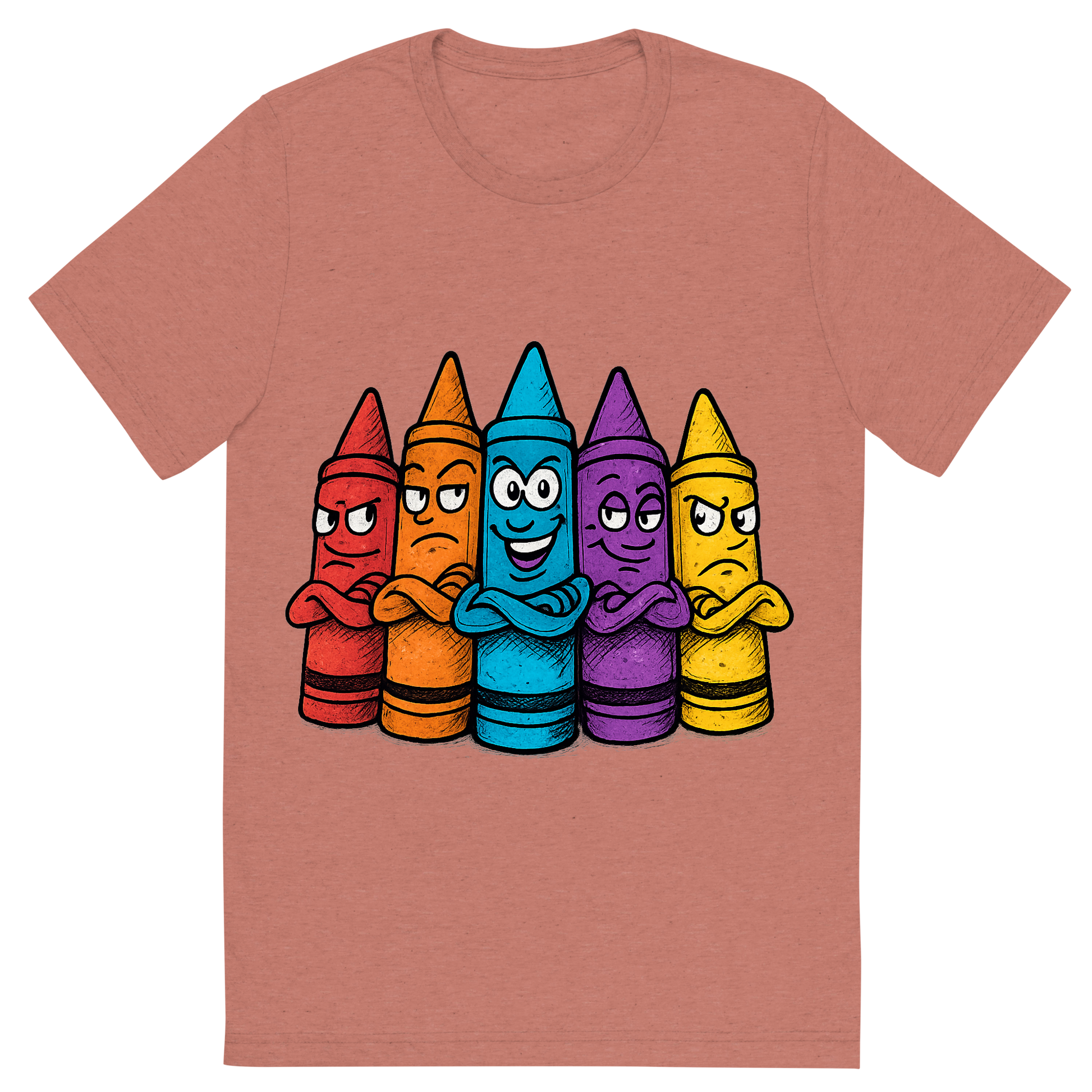 Front view of a Premium Tri-Blend Crew Neck T-Shirt in Mauve showing 'A hand-drawn ink with pop color, cheeky graphic of a lineup of cartoon crayons with expressive faces and personalities, arms crossed like a gang, with the words “crayon crew” above in bright block lettering. transparent background, centered, dtg optimized, hand-drawn with vibrant colors.'