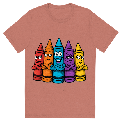 Front view of a Premium Tri-Blend Crew Neck T-Shirt in Mauve showing 'A hand-drawn ink with pop color, cheeky graphic of a lineup of cartoon crayons with expressive faces and personalities, arms crossed like a gang, with the words “crayon crew” above in bright block lettering. transparent background, centered, dtg optimized, hand-drawn with vibrant colors.'