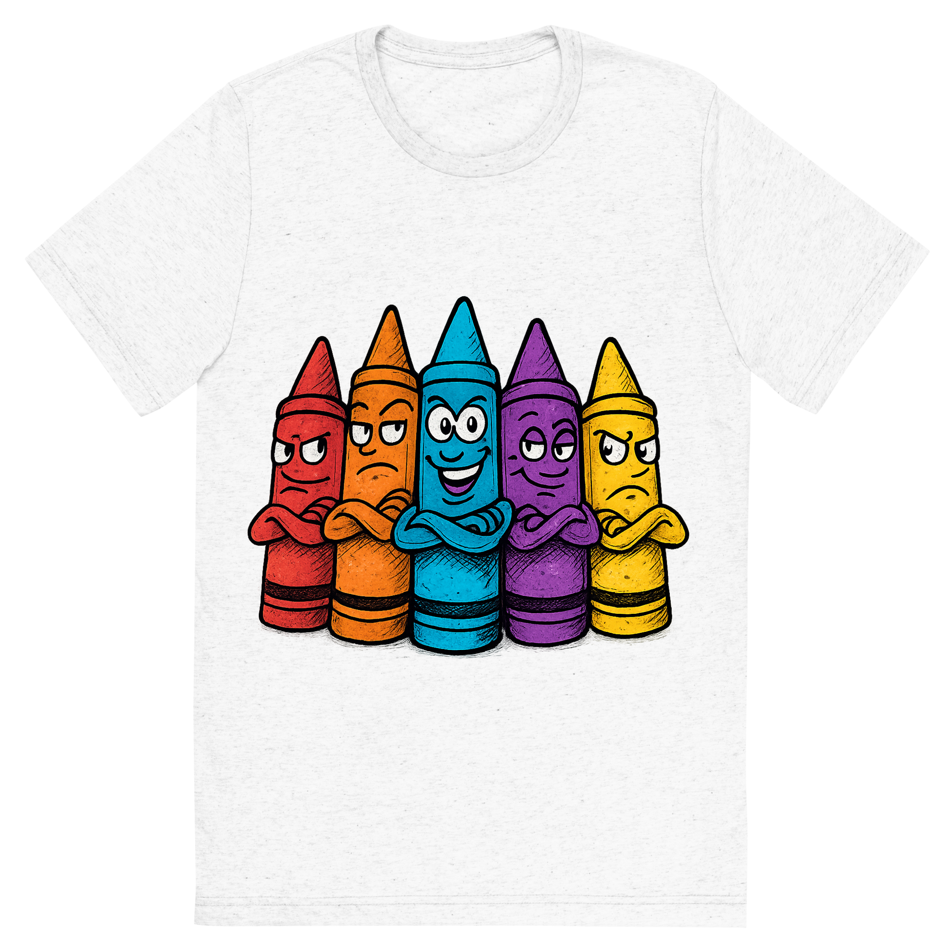 Front view of a Premium Tri-Blend Crew Neck T-Shirt in Solid White showing 'A hand-drawn ink with pop color, cheeky graphic of a lineup of cartoon crayons with expressive faces and personalities, arms crossed like a gang, with the words “crayon crew” above in bright block lettering. transparent background, centered, dtg optimized, hand-drawn with vibrant colors.'