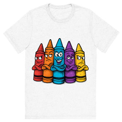 Front view of a Premium Tri-Blend Crew Neck T-Shirt in Solid White showing 'A hand-drawn ink with pop color, cheeky graphic of a lineup of cartoon crayons with expressive faces and personalities, arms crossed like a gang, with the words “crayon crew” above in bright block lettering. transparent background, centered, dtg optimized, hand-drawn with vibrant colors.'