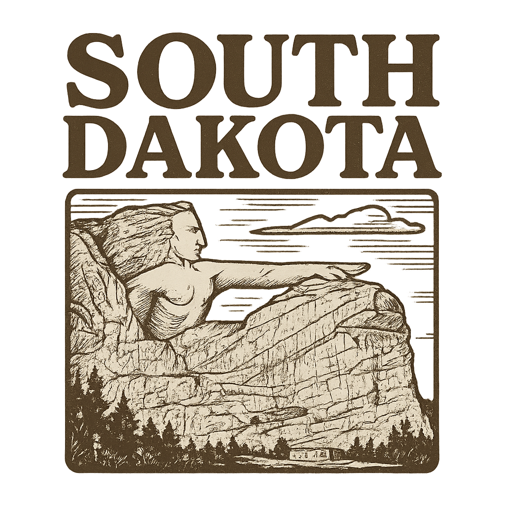 A typographic, nostalgic graphic of a typographic illustration of the words 'south dakota' with a vintage line art drawing of the crazy horse memorial – a t-shirt design