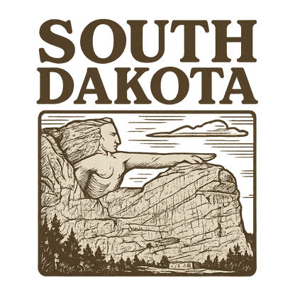 A typographic, nostalgic graphic of a typographic illustration of the words 'south dakota' with a vintage line art drawing of the crazy horse memorial – a t-shirt design