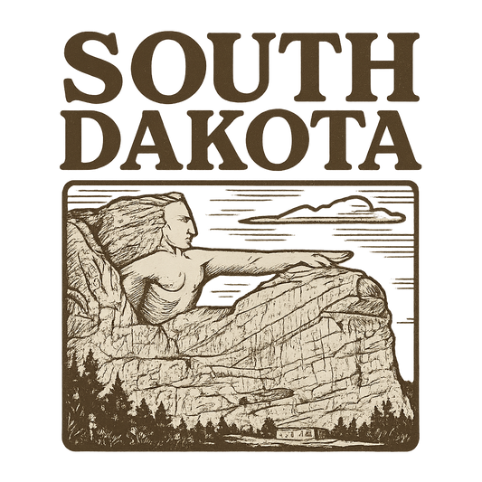 A typographic, nostalgic graphic of a typographic illustration of the words 'south dakota' with a vintage line art drawing of the crazy horse memorial – a t-shirt design