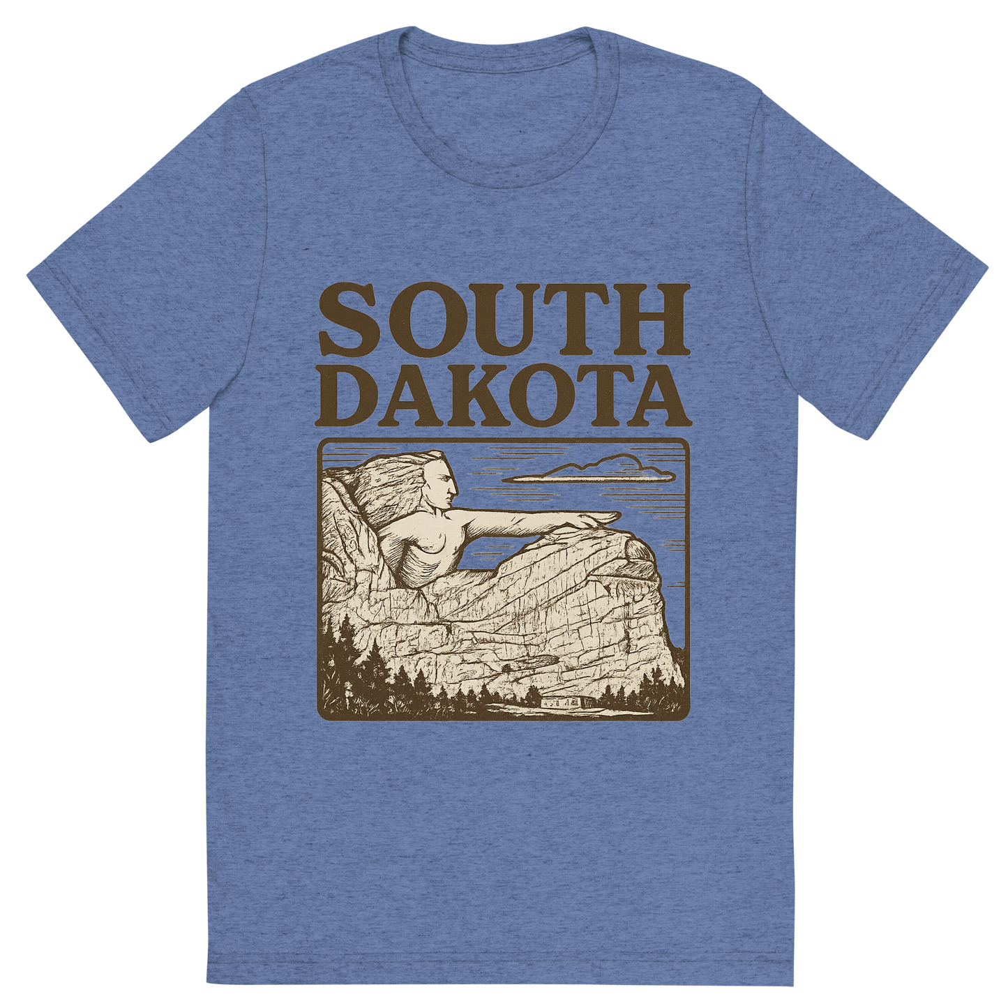 Front view of a Premium Tri-Blend Crew Neck T-Shirt in Blue showing 'A typographic, nostalgic graphic of a typographic illustration of the words 'south dakota' with a vintage line art drawing of the crazy horse memorial'