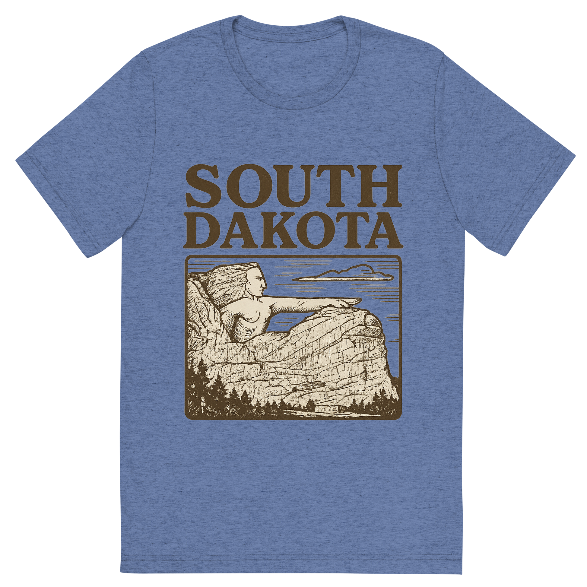 Front view of a Premium Tri-Blend Crew Neck T-Shirt in Blue showing 'A typographic, nostalgic graphic of a typographic illustration of the words 'south dakota' with a vintage line art drawing of the crazy horse memorial'