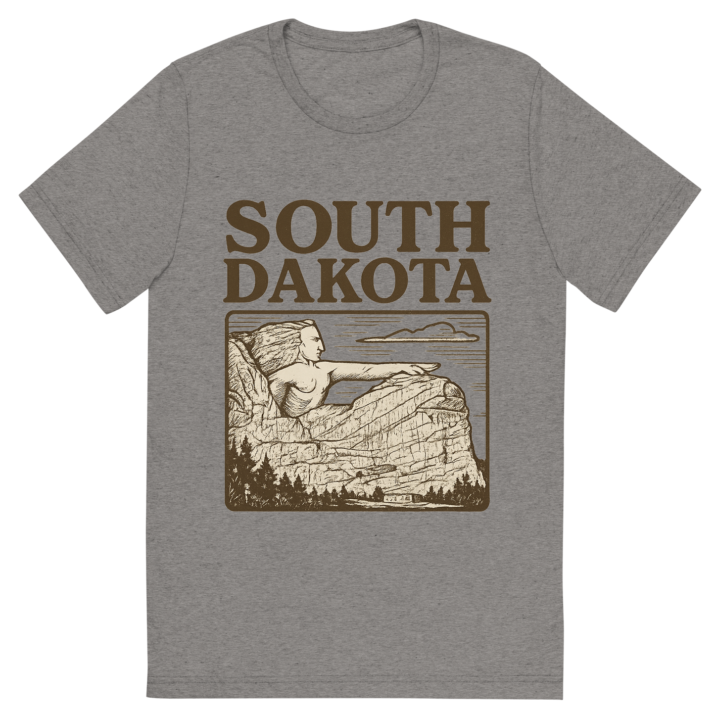 Front view of a Premium Tri-Blend Crew Neck T-Shirt in Grey showing 'A typographic, nostalgic graphic of a typographic illustration of the words 'south dakota' with a vintage line art drawing of the crazy horse memorial'