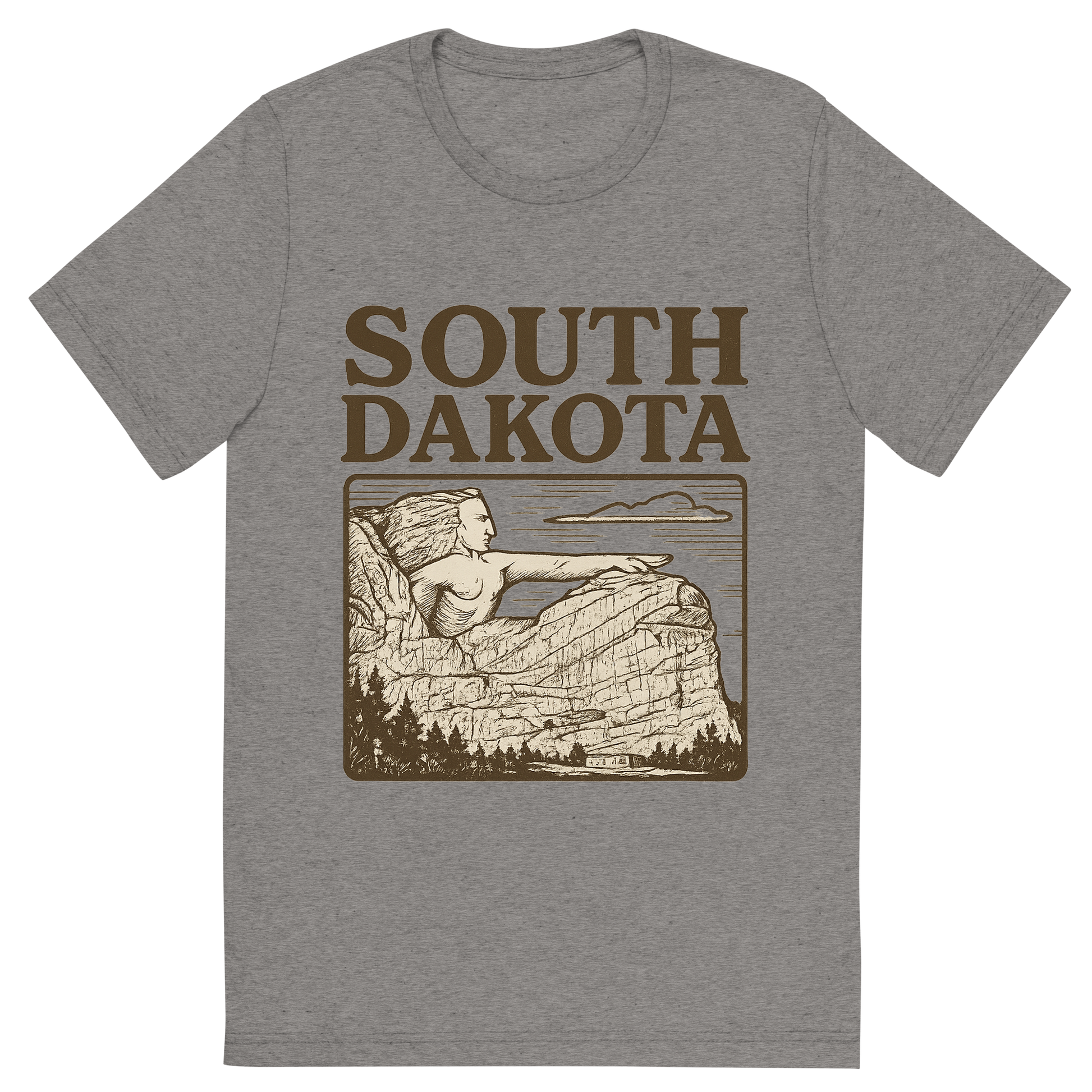 Front view of a Premium Tri-Blend Crew Neck T-Shirt in Grey showing 'A typographic, nostalgic graphic of a typographic illustration of the words 'south dakota' with a vintage line art drawing of the crazy horse memorial'
