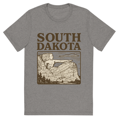 Front view of a Premium Tri-Blend Crew Neck T-Shirt in Grey showing 'A typographic, nostalgic graphic of a typographic illustration of the words 'south dakota' with a vintage line art drawing of the crazy horse memorial'