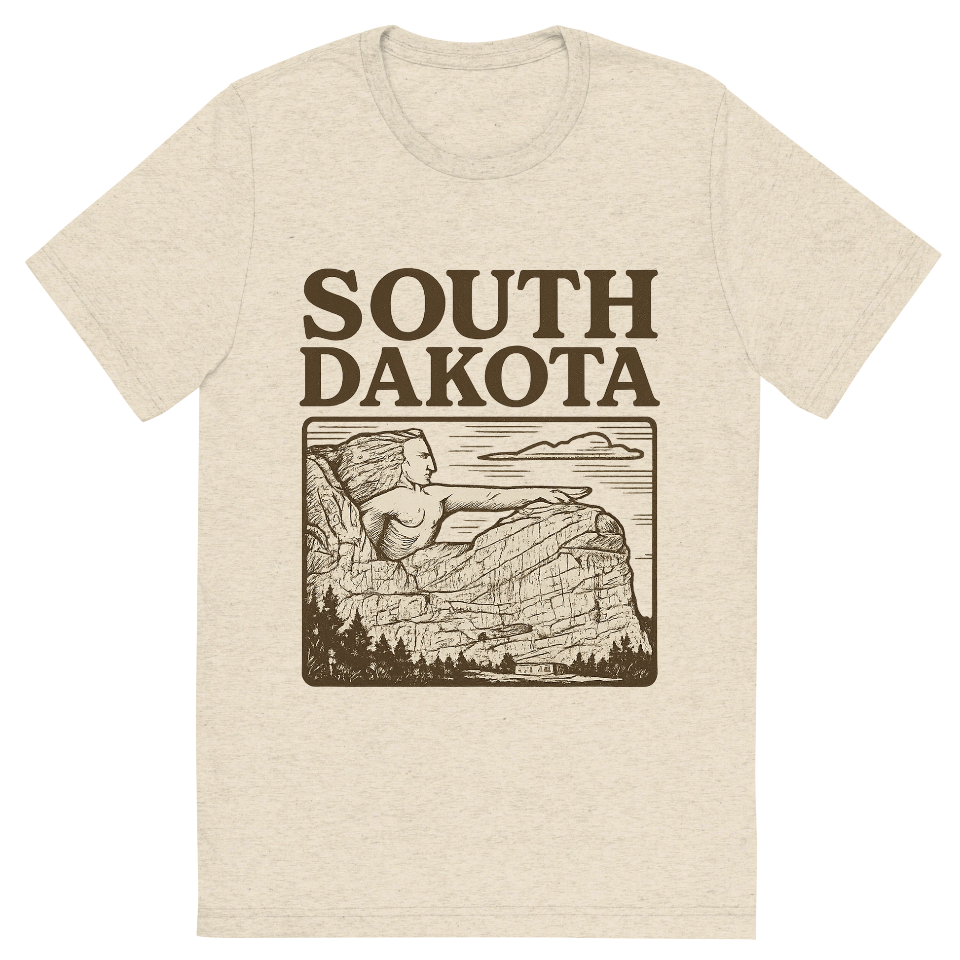 Front view of a Premium Tri-Blend Crew Neck T-Shirt in Oatmeal showing 'A typographic, nostalgic graphic of a typographic illustration of the words 'south dakota' with a vintage line art drawing of the crazy horse memorial'