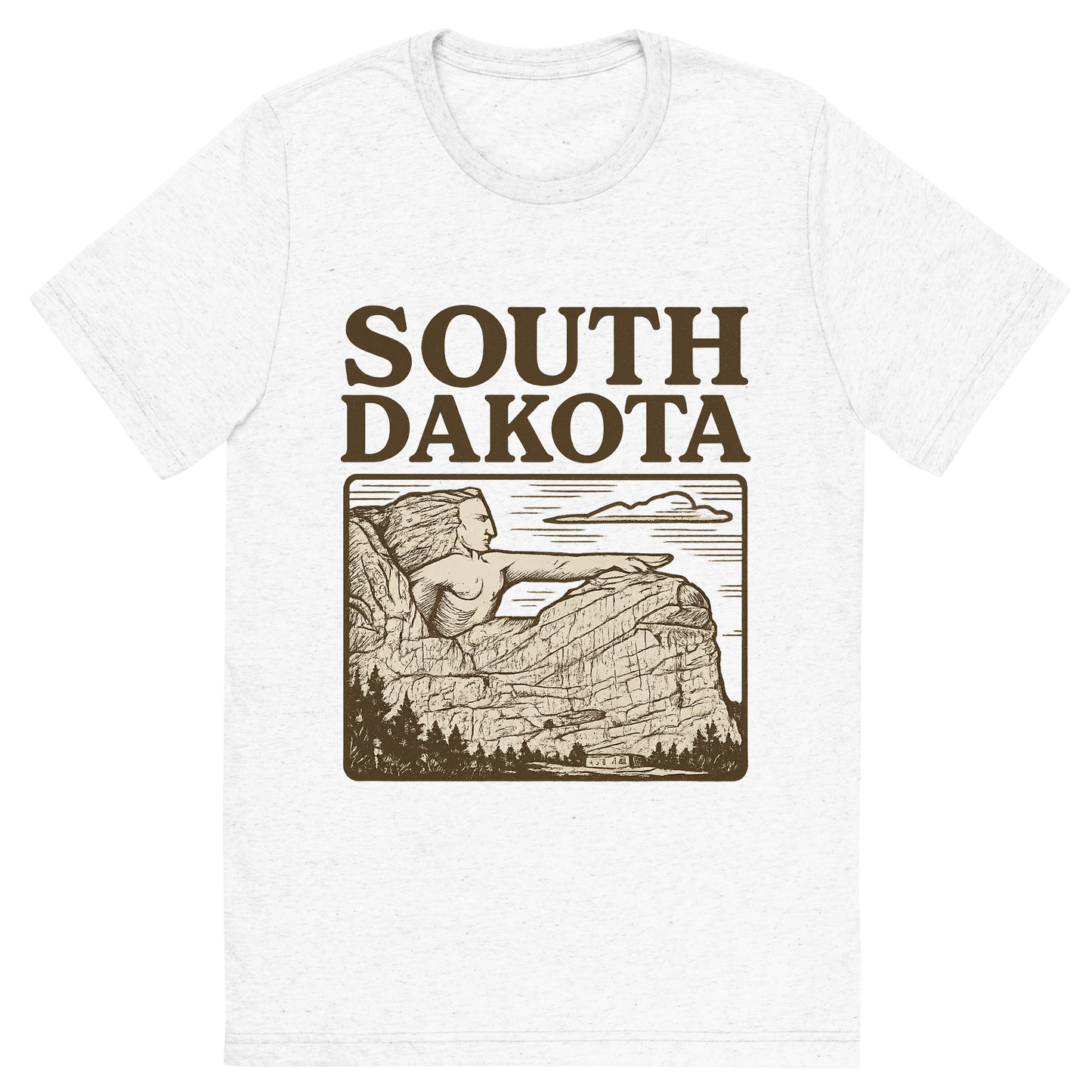 Front view of a Premium Tri-Blend Crew Neck T-Shirt in Solid White showing 'A typographic, nostalgic graphic of a typographic illustration of the words 'south dakota' with a vintage line art drawing of the crazy horse memorial'