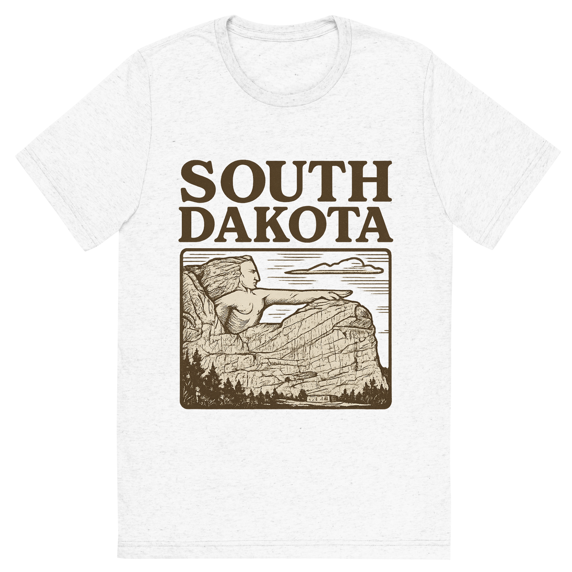 Front view of a Premium Tri-Blend Crew Neck T-Shirt in Solid White showing 'A typographic, nostalgic graphic of a typographic illustration of the words 'south dakota' with a vintage line art drawing of the crazy horse memorial'