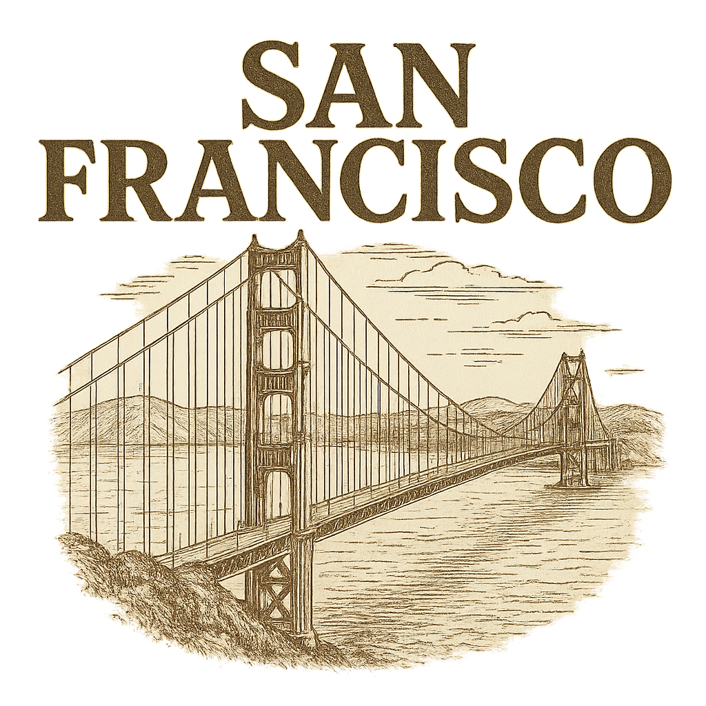 A typographic, nostalgic graphic of a typographic illustration of the words 'san francisco' with a vintage line art drawing of the golden gate bridge – a t-shirt design