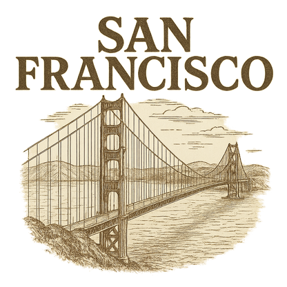 A typographic, nostalgic graphic of a typographic illustration of the words 'san francisco' with a vintage line art drawing of the golden gate bridge – a t-shirt design