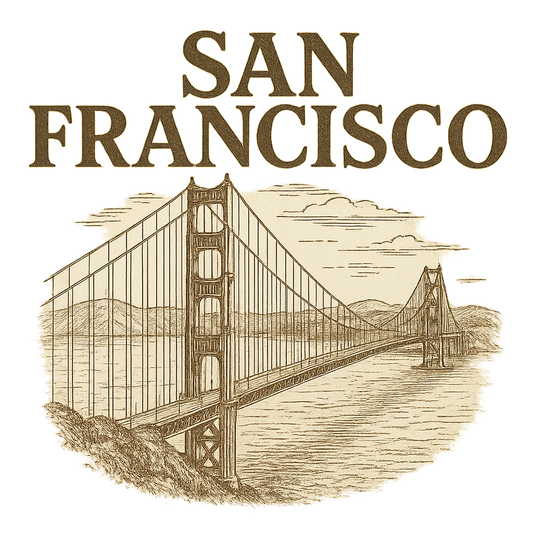 A typographic, nostalgic graphic of a typographic illustration of the words 'san francisco' with a vintage line art drawing of the golden gate bridge – a t-shirt design