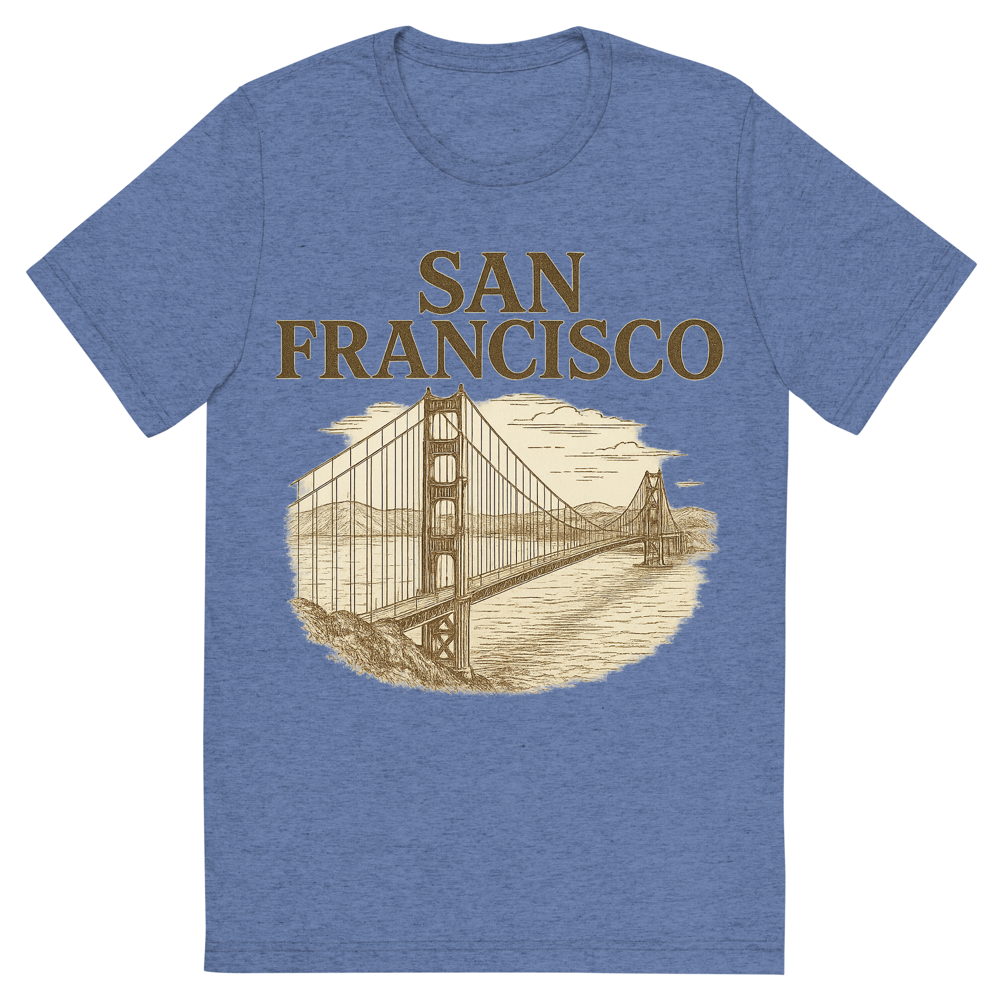 Front view of a Premium Tri-Blend Crew Neck T-Shirt in Blue showing 'A typographic, nostalgic graphic of a typographic illustration of the words 'san francisco' with a vintage line art drawing of the golden gate bridge'