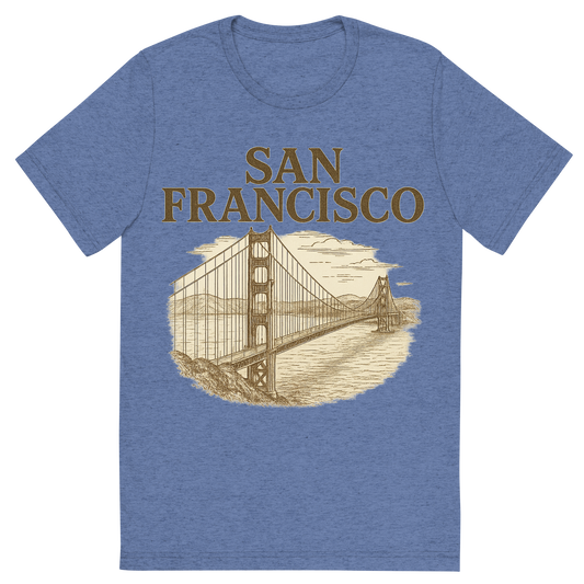 Front view of a Premium Tri-Blend Crew Neck T-Shirt in Blue showing 'A typographic, nostalgic graphic of a typographic illustration of the words 'san francisco' with a vintage line art drawing of the golden gate bridge'
