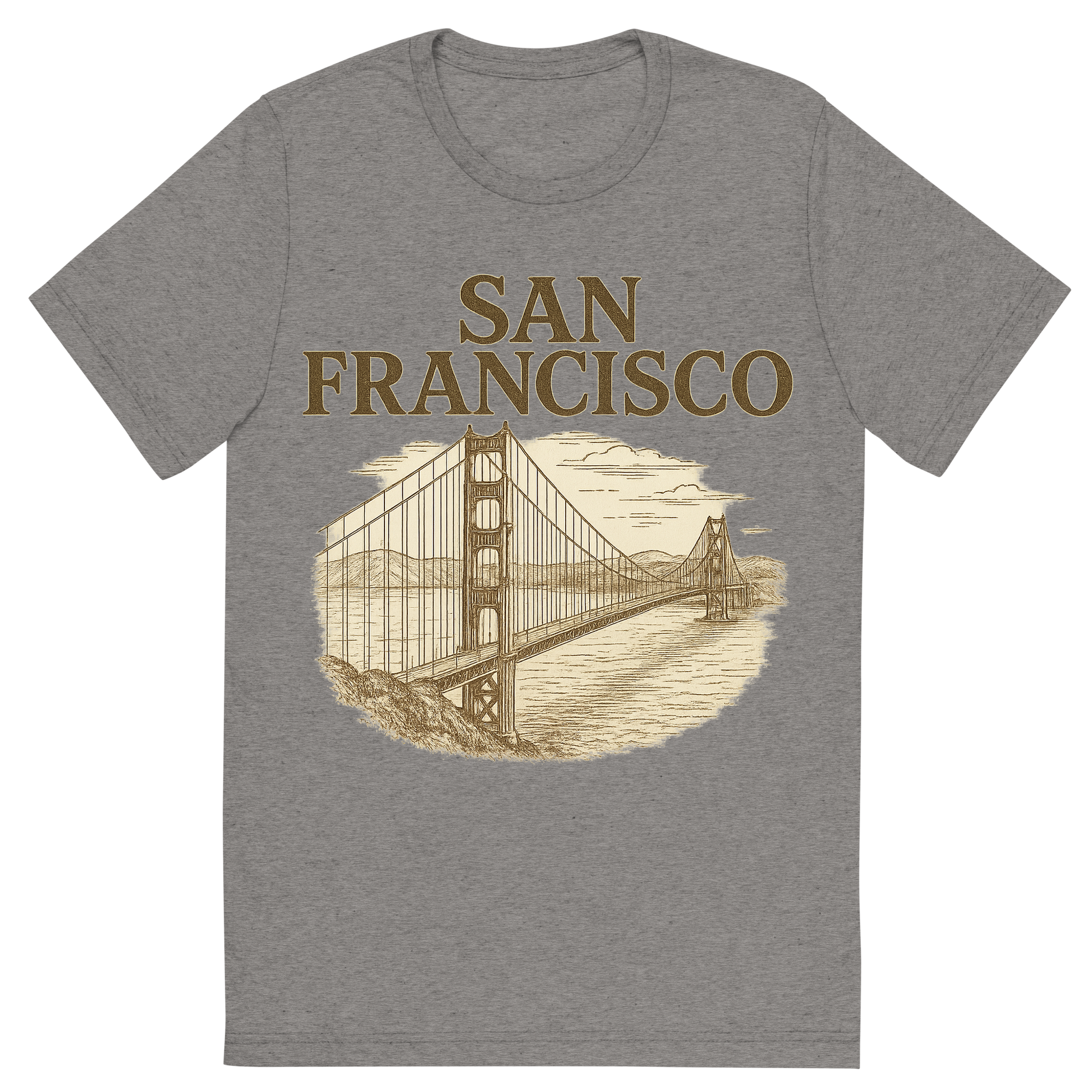 Front view of a Premium Tri-Blend Crew Neck T-Shirt in Grey showing 'A typographic, nostalgic graphic of a typographic illustration of the words 'san francisco' with a vintage line art drawing of the golden gate bridge'
