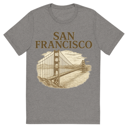 Front view of a Premium Tri-Blend Crew Neck T-Shirt in Grey showing 'A typographic, nostalgic graphic of a typographic illustration of the words 'san francisco' with a vintage line art drawing of the golden gate bridge'
