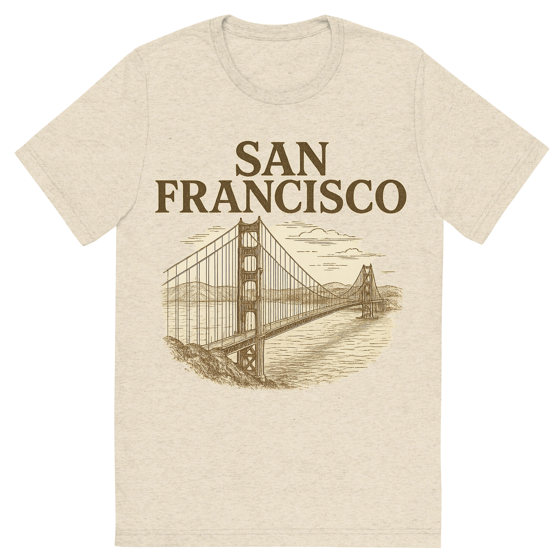 Front view of a Premium Tri-Blend Crew Neck T-Shirt in Oatmeal showing 'A typographic, nostalgic graphic of a typographic illustration of the words 'san francisco' with a vintage line art drawing of the golden gate bridge'