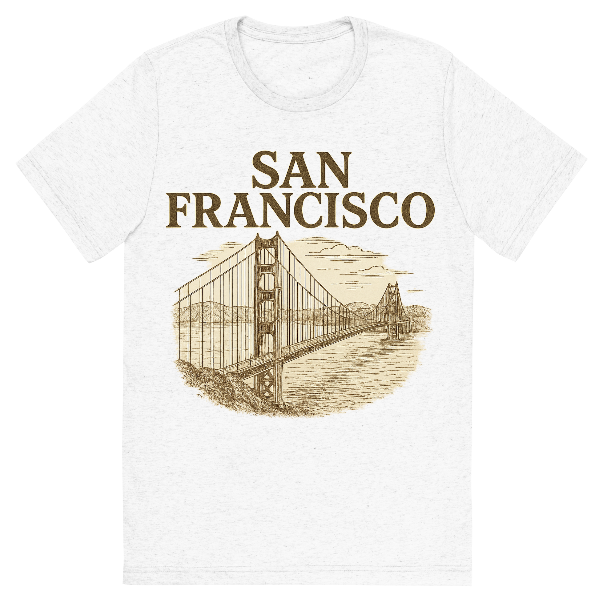 Front view of a Premium Tri-Blend Crew Neck T-Shirt in Solid White showing 'A typographic, nostalgic graphic of a typographic illustration of the words 'san francisco' with a vintage line art drawing of the golden gate bridge'