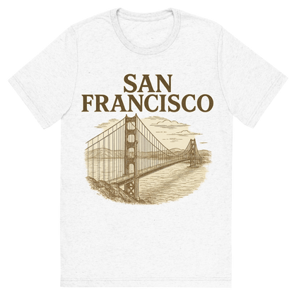 Front view of a Premium Tri-Blend Crew Neck T-Shirt in Solid White showing 'A typographic, nostalgic graphic of a typographic illustration of the words 'san francisco' with a vintage line art drawing of the golden gate bridge'