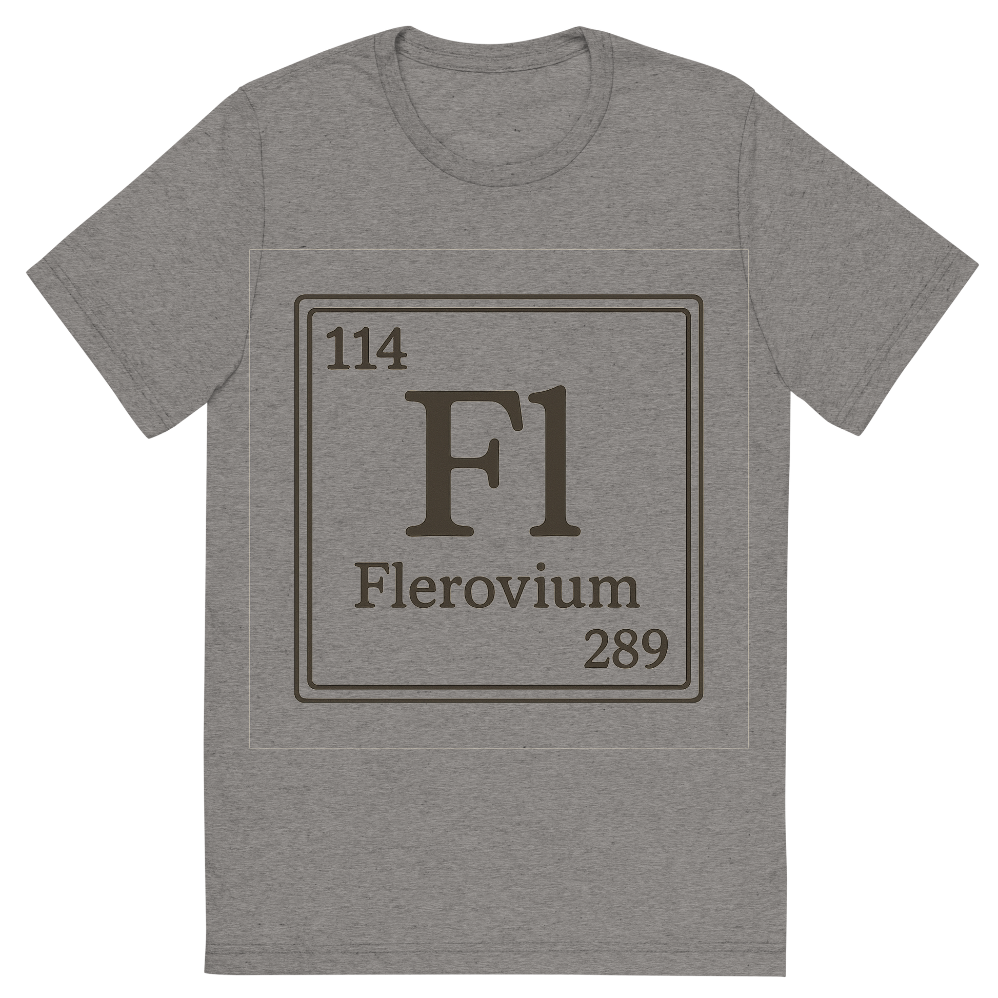 Front view of a Premium Tri-Blend Crew Neck T-Shirt in Grey showing 'A line art, nostalgic graphic of flerovium's entry on the periodic table, use a dark color for the lines and text'
