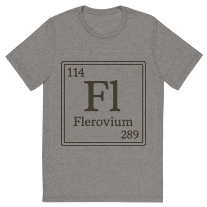 Front view of a Premium Tri-Blend Crew Neck T-Shirt in Grey showing 'A line art, nostalgic graphic of flerovium's entry on the periodic table, use a dark color for the lines and text'