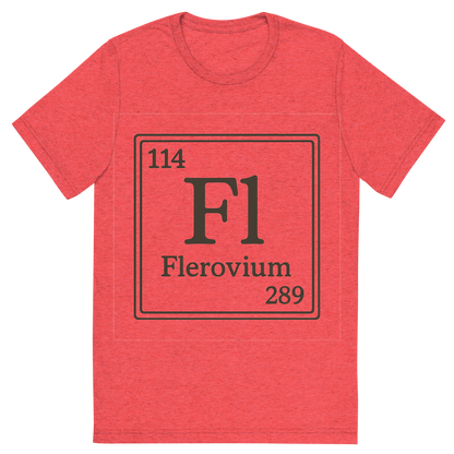 Front view of a Premium Tri-Blend Crew Neck T-Shirt in Red showing 'A line art, nostalgic graphic of flerovium's entry on the periodic table, use a dark color for the lines and text'