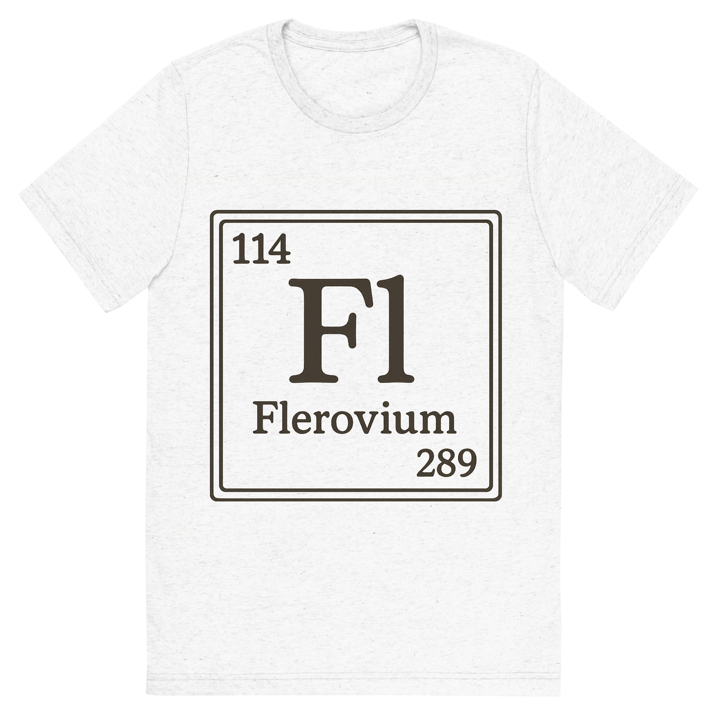 Front view of a Premium Tri-Blend Crew Neck T-Shirt in Solid White showing 'A line art, nostalgic graphic of flerovium's entry on the periodic table, use a dark color for the lines and text'