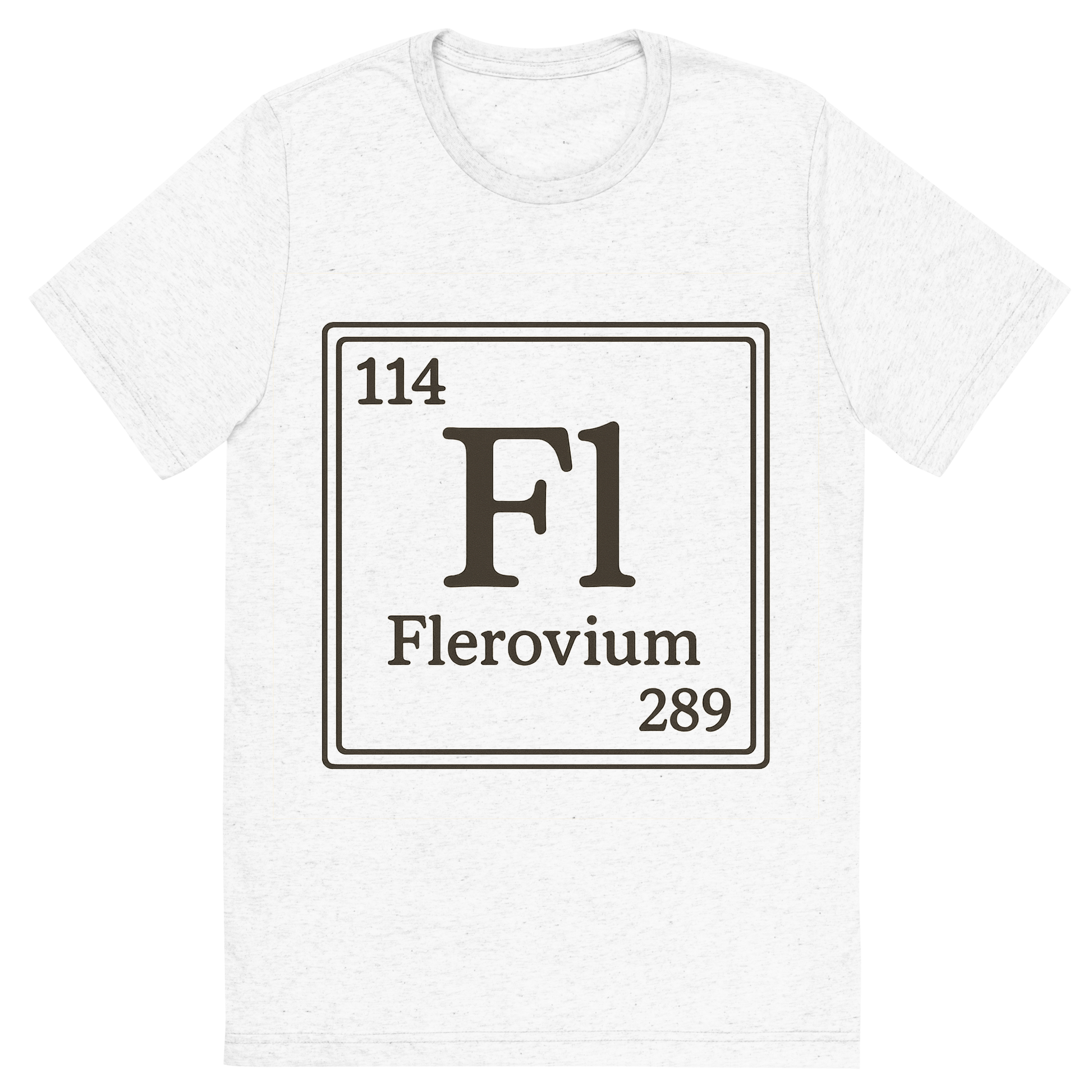 Front view of a Premium Tri-Blend Crew Neck T-Shirt in Solid White showing 'A line art, nostalgic graphic of flerovium's entry on the periodic table, use a dark color for the lines and text'