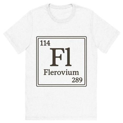 Front view of a Premium Tri-Blend Crew Neck T-Shirt in Solid White showing 'A line art, nostalgic graphic of flerovium's entry on the periodic table, use a dark color for the lines and text'