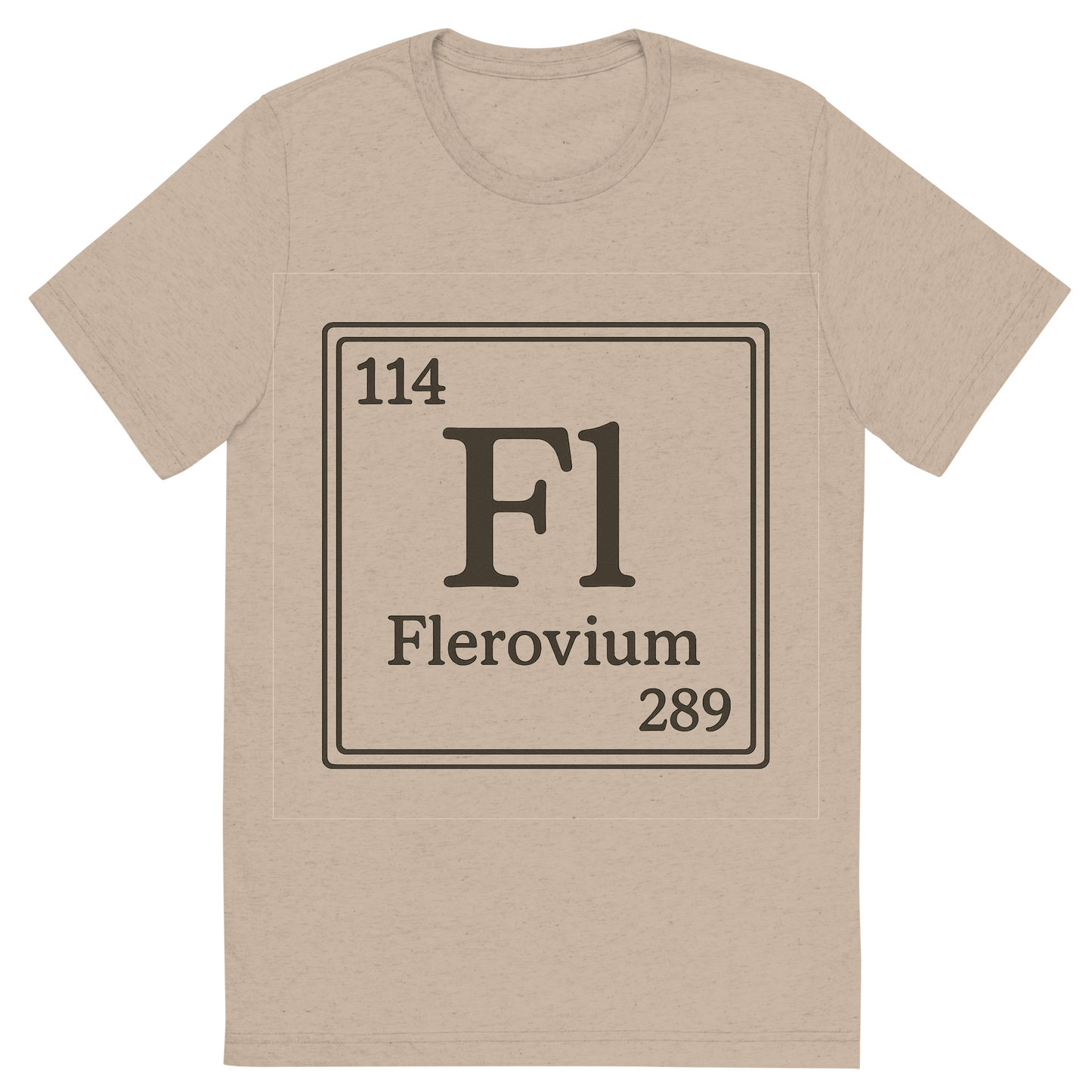 Front view of a Premium Tri-Blend Crew Neck T-Shirt in Tan showing 'A line art, nostalgic graphic of flerovium's entry on the periodic table, use a dark color for the lines and text'