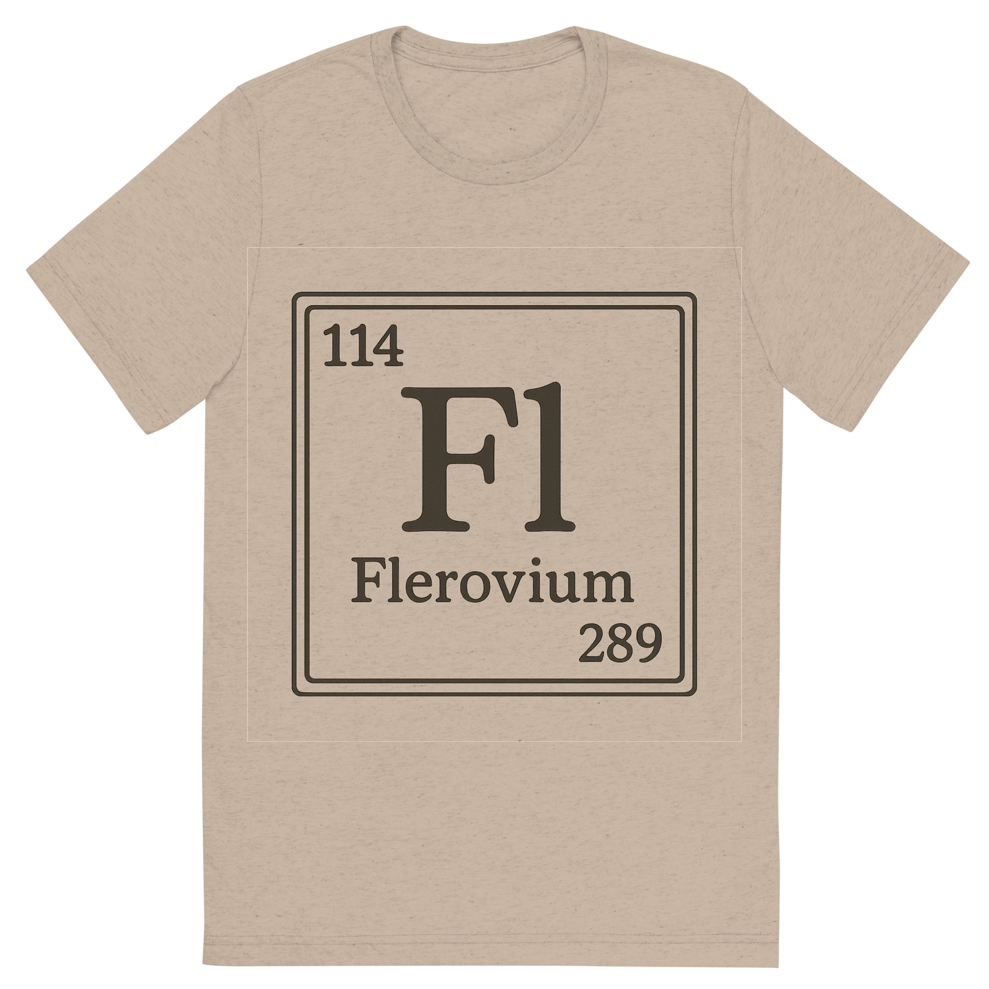 Front view of a Premium Tri-Blend Crew Neck T-Shirt in Tan showing 'A line art, nostalgic graphic of flerovium's entry on the periodic table, use a dark color for the lines and text'