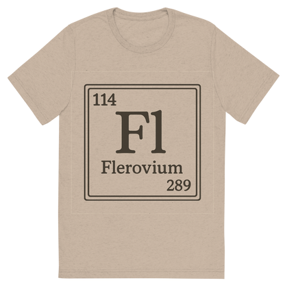 Front view of a Premium Tri-Blend Crew Neck T-Shirt in Tan showing 'A line art, nostalgic graphic of flerovium's entry on the periodic table, use a dark color for the lines and text'