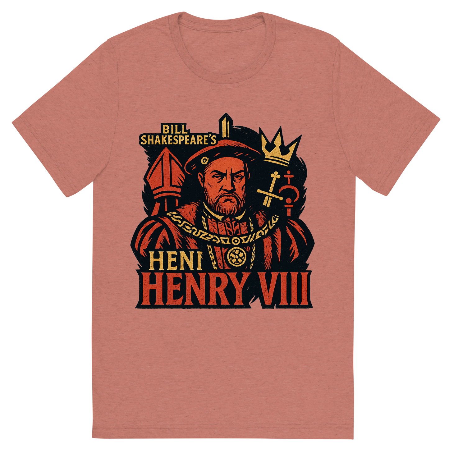 Front view of a Premium Tri-Blend Crew Neck T-Shirt in Mauve showing 'A retro, edgy graphic of a visual representation of a key theme and character from william shakespeare's henry viii'