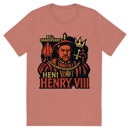 Front view of a Premium Tri-Blend Crew Neck T-Shirt in Mauve showing 'A retro, edgy graphic of a visual representation of a key theme and character from william shakespeare's henry viii'