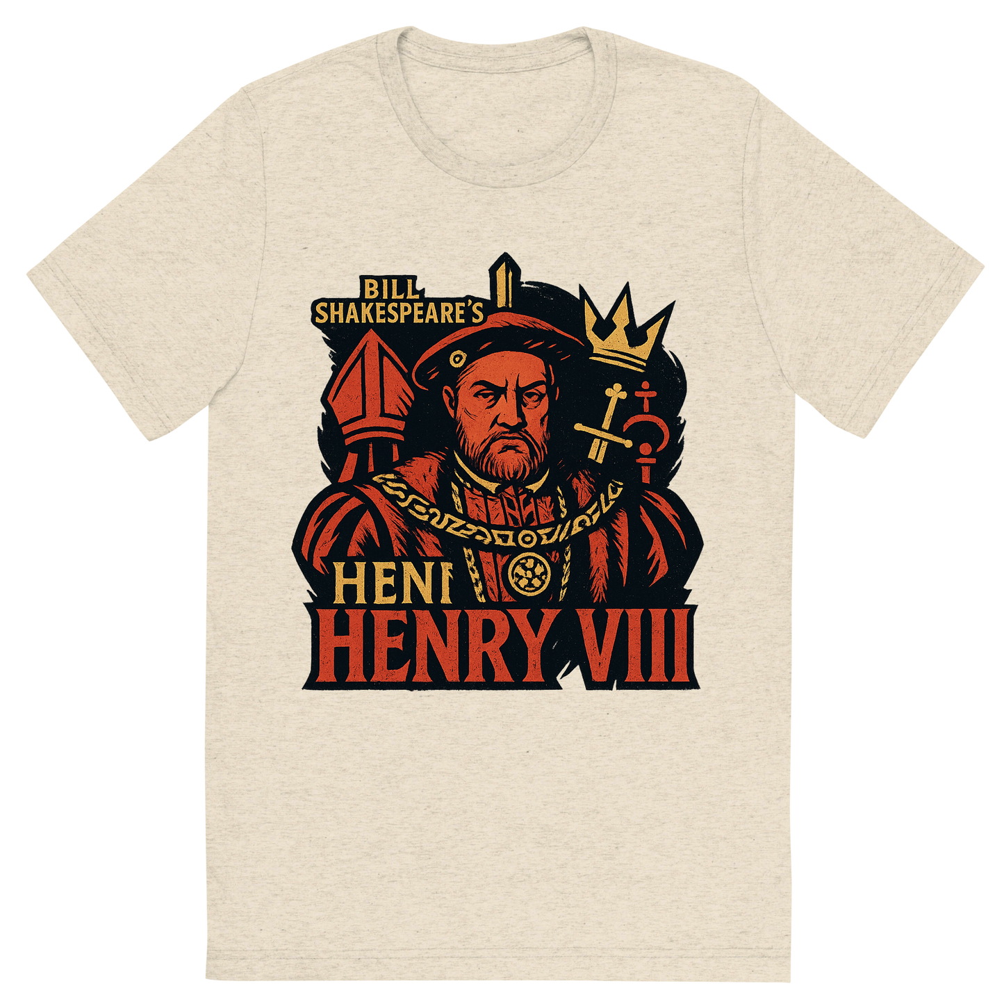 Front view of a Premium Tri-Blend Crew Neck T-Shirt in Oatmeal showing 'A retro, edgy graphic of a visual representation of a key theme and character from william shakespeare's henry viii'