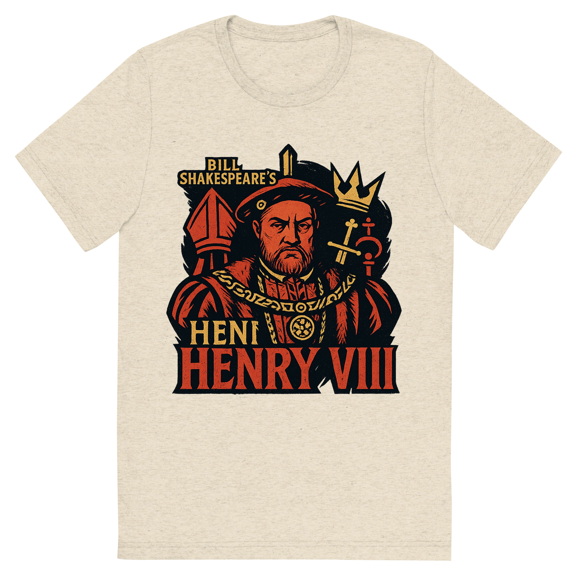 Front view of a Premium Tri-Blend Crew Neck T-Shirt in Oatmeal showing 'A retro, edgy graphic of a visual representation of a key theme and character from william shakespeare's henry viii'