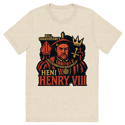 Front view of a Premium Tri-Blend Crew Neck T-Shirt in Oatmeal showing 'A retro, edgy graphic of a visual representation of a key theme and character from william shakespeare's henry viii'