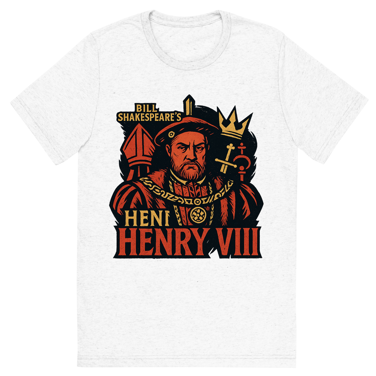 Front view of a Premium Tri-Blend Crew Neck T-Shirt in Solid White showing 'A retro, edgy graphic of a visual representation of a key theme and character from william shakespeare's henry viii'