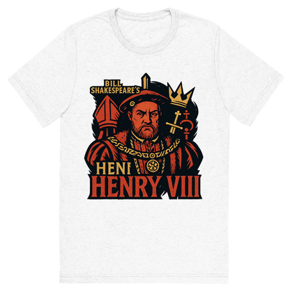 Front view of a Premium Tri-Blend Crew Neck T-Shirt in Solid White showing 'A retro, edgy graphic of a visual representation of a key theme and character from william shakespeare's henry viii'