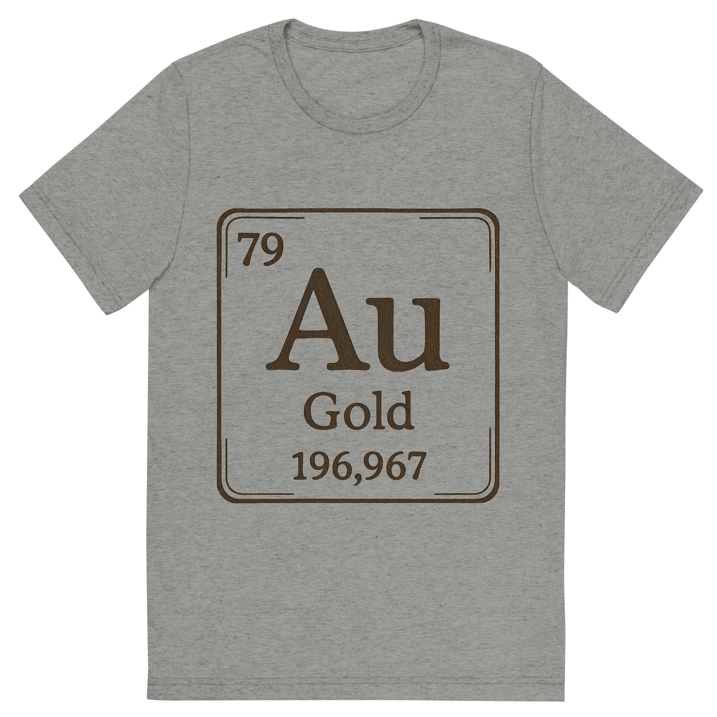 Front view of a Premium Tri-Blend Crew Neck T-Shirt in Athletic Grey showing 'A line art, nostalgic graphic of gold's entry on the periodic table, use a dark color for the lines and text'