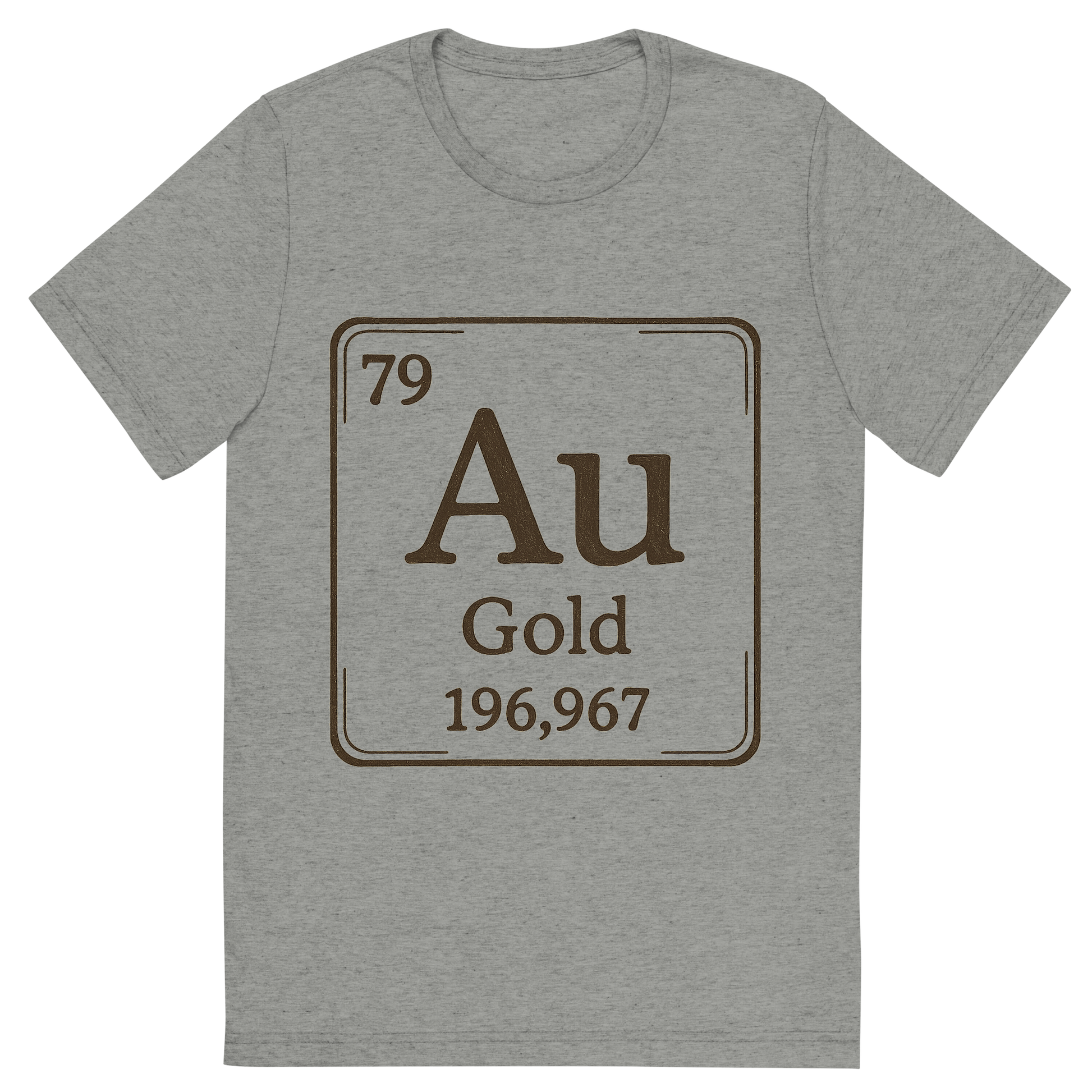 Front view of a Premium Tri-Blend Crew Neck T-Shirt in Athletic Grey showing 'A line art, nostalgic graphic of gold's entry on the periodic table, use a dark color for the lines and text'
