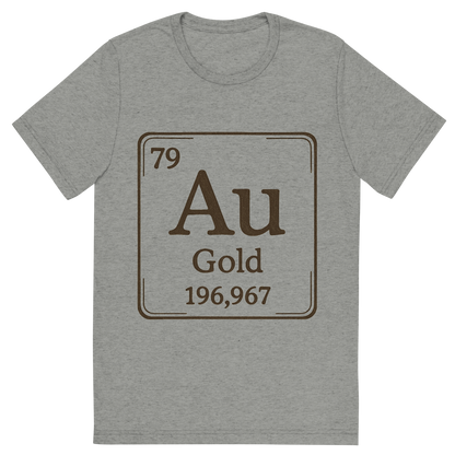 Front view of a Premium Tri-Blend Crew Neck T-Shirt in Athletic Grey showing 'A line art, nostalgic graphic of gold's entry on the periodic table, use a dark color for the lines and text'