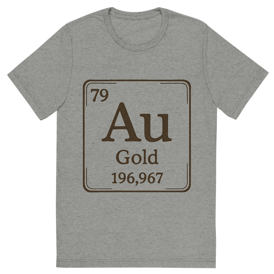 Front view of a Premium Tri-Blend Crew Neck T-Shirt in Athletic Grey showing 'A line art, nostalgic graphic of gold's entry on the periodic table, use a dark color for the lines and text'