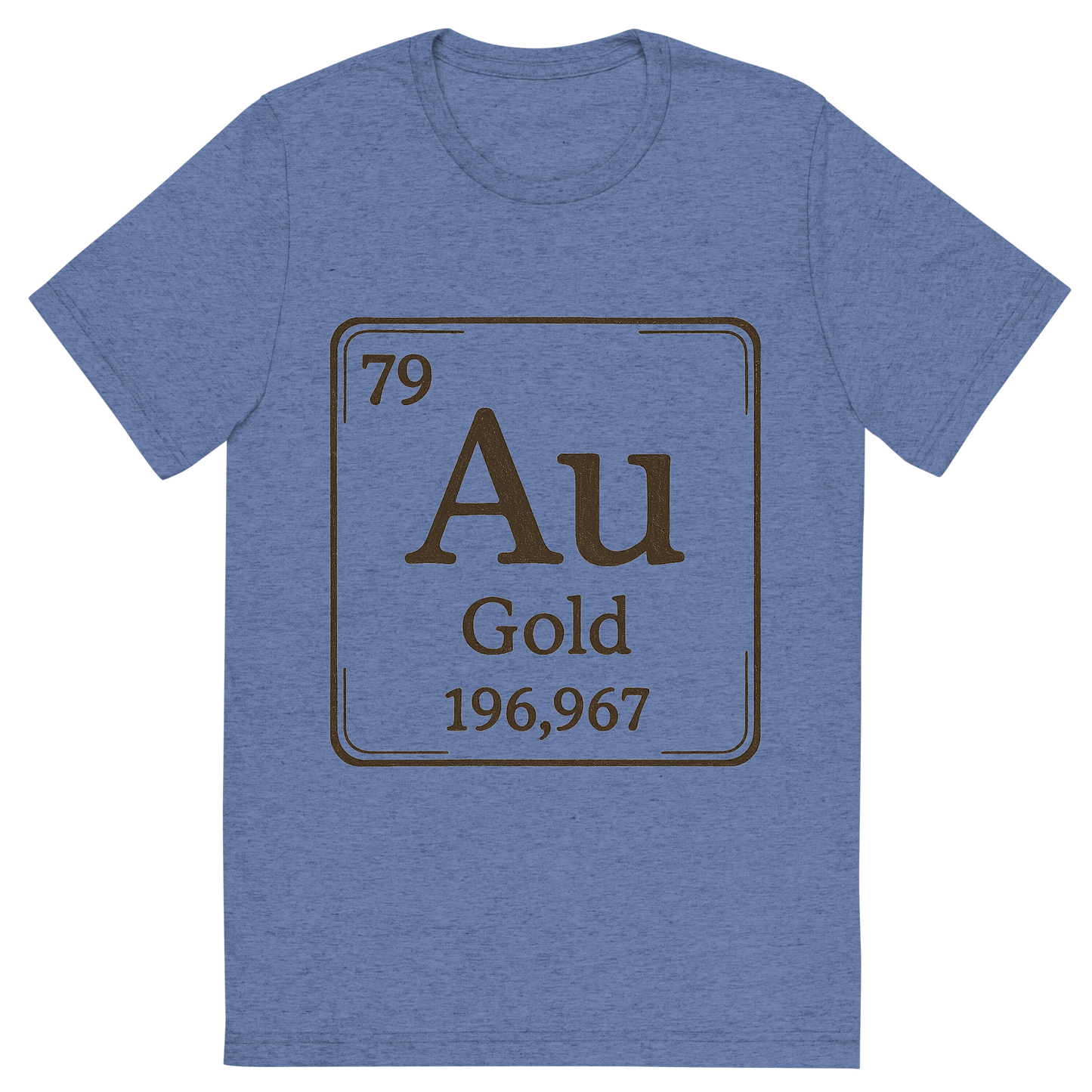 Front view of a Premium Tri-Blend Crew Neck T-Shirt in Blue showing 'A line art, nostalgic graphic of gold's entry on the periodic table, use a dark color for the lines and text'