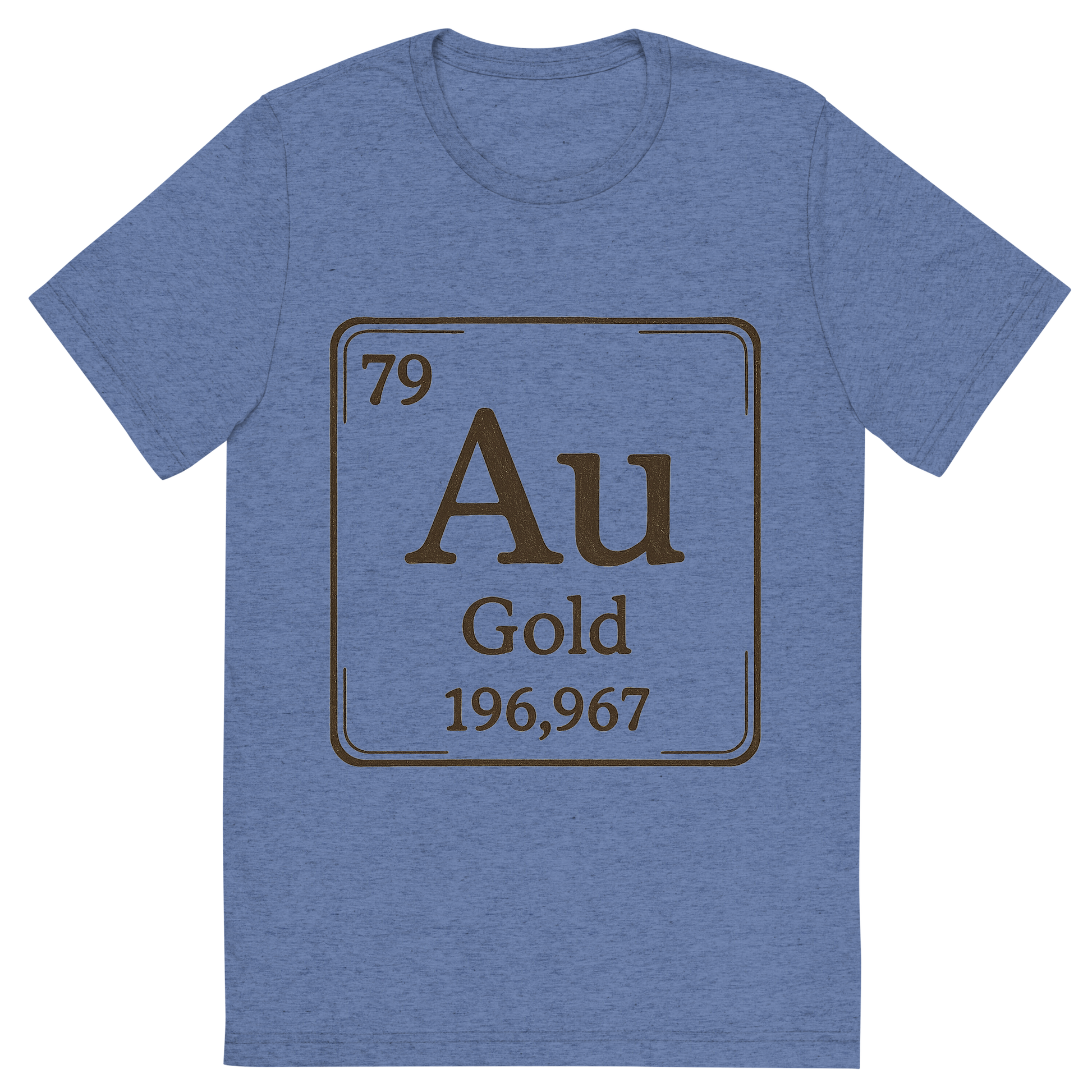 Front view of a Premium Tri-Blend Crew Neck T-Shirt in Blue showing 'A line art, nostalgic graphic of gold's entry on the periodic table, use a dark color for the lines and text'